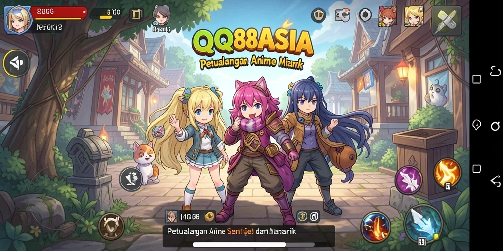 Screenshot utama QQ88ASIA menampilkan karakter anime dalam aksi berwarna-warni.